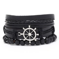 Heren meerlaagse zwarte lederen armband met zilveren scheepsroerwiel-hanger - Zwart Nautisch Roer Meerlaags Combo (RH116)