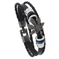 Men's multilayer braided leather bracelet with vintage maple leaf metal pendant - Black
