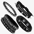 Detailed view of 4-piece punk bracelet set with black leather, studs and chain links - Rivets And Metal Chains Combination Set (21)
