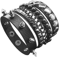 Detail of black leather punk bracelet with silver spikes, chain, and metal rivets - Square Rivets And Metal Chain Style (13)