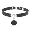 Detail of black leather choker featuring silver round pendant and adjustable buckle holes - Round Pendant Style (01)