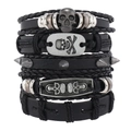 Close-up of multilayer men's leather bracelet with silver skull charms and metal studs - Multi-Skull Rivet Style (D)