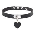 Detail view of black punk leather choker with silver heart pendant and adjustable metal holes - Heart Pendant Style (02)