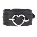 Detail of black leather punk choker with large silver heart buckle and metal rivets - Wide Heart Ring Style (04)