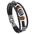 Bracciale retrò multistrato in pelle da uomo con cordini intrecciati, tubi e perle legno - Nero