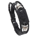 Men's punk braided leather bracelet with black metal wolf head charm and magnetic clasp - Wolf Head Relief Black (RH300)