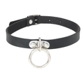 Detail of adjustable pin buckle closure and silver metal ring on black PU leather choker - Large Circle Ring Style (10)