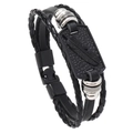 Men's multilayer leather woven bracelet with silver feather engraved metal plate - Black Feather Style (RH296)