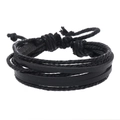 Multilayer black woven leather bracelet with adjustable slide knot for men and women - Black