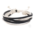 Dettaglio bracciale in pelle intrecciata con cordini neri e bianchi e nodi regolabili - Bianco