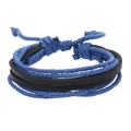 Detail of multi-layered braided bracelet with blue wax ropes and black leather bands - Sapphire Blue