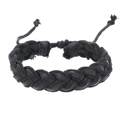 Handmade woven black leather and cotton cord bracelet with adjustable drawstring closure - Black Leather + Black String