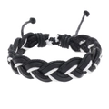 Detail of hand-woven wave bracelet with black and white cords and adjustable knot closure - Black Leather + Black White Mixed String