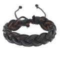 Detail of hand-woven wave pattern bracelet with adjustable leather and wax cord sliding knot - Brown Leather + Black String