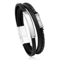 Pulsera multicapa de cuero trenzado negro para hombre con cierre de acero inoxidable pulido - Negro
