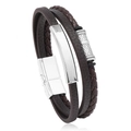 Pulsera multicapa de cuero trenzado marrón para hombre con cierre magnético y placa metal - Marrón