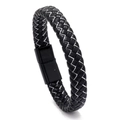 Macro view of multi-layer black braided leather cord and mirror-finish magnetic clasp - Black Leather White Wire