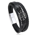 Multilayer braided black leather bracelet with tree of life charm and magnetic clasp - Black (Antique Silver Accessories)