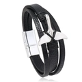 Pulsera de cuero negro de varias capas con cola de ballena plateada y cierre magnético - Cuero Negro Cierre Plateado