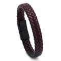 Detail of woven black leather bracelet featuring red stitching and a magnetic metal clasp - Black with Red Stitching