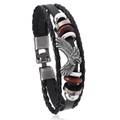 Punk leather bracelet with eagle charm and vintage beads on white background - Black + Antique Silver