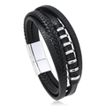Bracciale multistrato in pelle intrecciata nera da uomo con anelli e chiusura magnetica - Nero