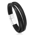 Men's multilayer black braided leather bracelet with silver magnetic metal clasp - Black Leather Silver Clasp 21.5cm