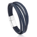 Détail d'un bracelet multicouche en cuir tressé bleu marine avec fermoir magnétique argenté - Cuir Bleu d'Encre Fermoir Argenté 21.5cm