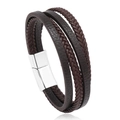 Detail of multi-layer brown braided leather bracelet with silver magnetic metal clasp - Brown Leather Silver Clasp 21.5cm