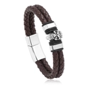 Braided leather skull bracelet for men with silver magnetic clasp on white background - Brown