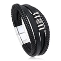 Mehrlagiges Herren-Lederarmband in Schwarz mit Silberblatt-Akzent und Magnetverschluss - Schwarz