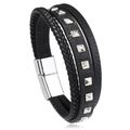 Bracciale retrò da uomo in pelle nera con borchie a piramide argento e chiusura magnetica - Nero