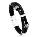 Men's double-layer braided leather bracelet with silver pattern beads and magnetic clasp - Black