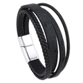 Pulsera multicapa de cuero negro para hombre con cierre magnético plateado - Negro