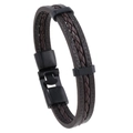 Macro view of multi-layer vintage brown leather bracelet with black magnetic clasp - Brown