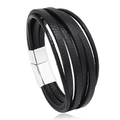 Detail eines mehrlagigen schwarzen Lederarmbands mit silbernem Magnetverschluss für Herren - Schwarz 21.5CM
