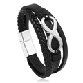 Detalle de pulsera de cuero trenzado negro para hombre con símbolo de infinito y cierre magnético - Cuero Negro Cierre Plateado