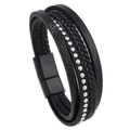 Detailansicht eines mehrlagigen schwarzen Lederarmbands mit Silbernieten und Magnetverschluss - Schwarzes Leder Schwarze Schnalle