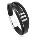 Dreilagiges schwarzes Lederarmband mit Magnetverschluss aus Metall auf weißem Grund - Schwarzes Leder Silberner Verschluss