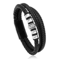 Dettaglio del bracciale multistrato in pelle intrecciata con perline d'argento e chiusura magnetica - Pelle Nera Fibbia Nera