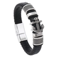 Bracelet ancre pour homme en cuir tressé noir avec fermoir magnétique poli en argent - Noir / 21.5cm