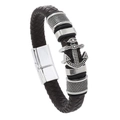 Détail d'un bracelet en cuir tressé marron avec motif ancre argentée et fermoir aimanté - Marron / 21.5cm
