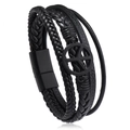 Bracciale multistrato in pelle intrecciata nera con ciondolo pace e chiusura magnetica - Nero