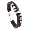 Bracciale da uomo a doppio strato in pelle intrecciata marrone con perline d'argento e chiusura - Marrone Scuro