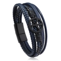 Dettaglio del bracciale multistrato in pelle intrecciata con chiusura magnetica nera e pace - Blu Scuro