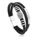 Detail of a Viking compass bead on multi-layer braided leather bracelet with magnetic clasp - Black / 21.5cm
