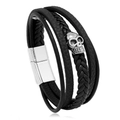 Detailed view of woven black leather layers with silver skull charm and magnetic clasp - Black Leather Silver Clasp