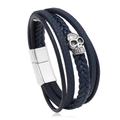 Dettaglio del bracciale multistrato in pelle blu scuro con teschio e chiusura magnetica - Pelle Blu Scuro Chiusura Argentata