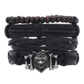 Set di 4 bracciali punk da uomo in pelle con testa di lupo d'argento e perline di legno - Stile Principale
