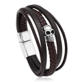 Macro detail of men's leather bracelet with silver skull charm and magnetic clasp - Brown Leather Silver Clasp